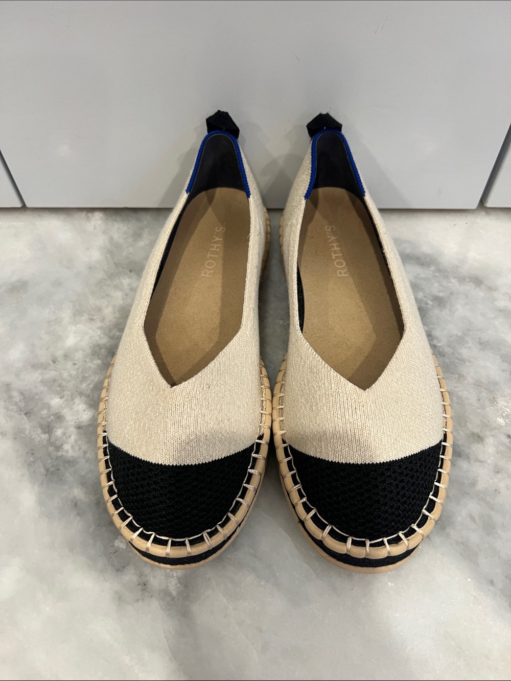Rothy's Two-Tone Knit Espadrille Flats in Cream, Black & Blue Trim